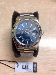 U1 ST9 acier montres pour hommes bleu GMT mouvement automatique petit cadran saphir calendrier 42mm montre en acier inoxydable ciel montres-bracelets