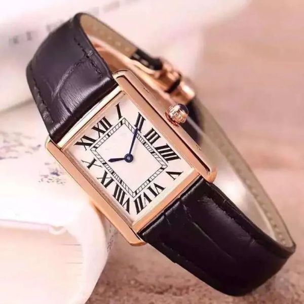 U1 Relojes de pulsera con tanque rectangulares geométricos AAA de primer nivel Relojes de cuarzo para personas mayores Reloj con números romanos para mujer Reloj de cristal de zafiro de cuero negro 096