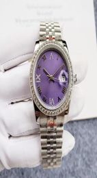 U1 Watch for Men 36 mm Purple Face entièrement automatique Mechanical Diamond lunette Watch Fashion Montreuses de poigne