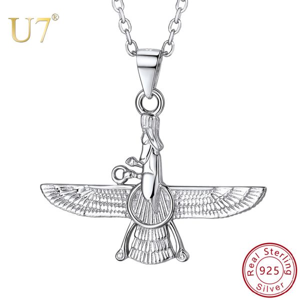 U7 925 Sterling Faravahar iraní único collares colgantes cadena para mujeres Ahura zoroastrismo joyería de plata SC191