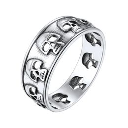 U7 925 Sterling Retro Vintage Silver Skulls Ring Multiple Head Skeleton Gothic Punk Unisex Jewelry Unisex Halloween Style 240424