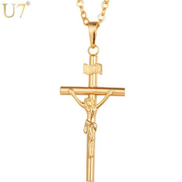 U7 Cruz collar hombres/mujeres joyería regalo de Navidad al por mayor moda plata/oro Color INRI crucifijo Jesús cadena colgante P327