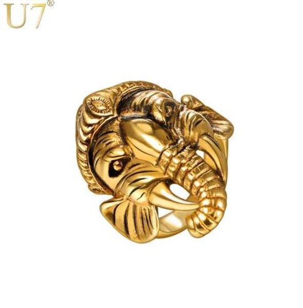 U7 chanceux Ganesha bouddha éléphant Animal anneau Rock bijoux cadeau Hip Hop or/noir couleur acier inoxydable anneaux pour hommes R1016