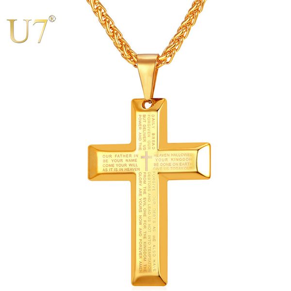Colgante de cruz de acero inoxidable U7 para hombre, collar de oración del Señor, cadena de trigo pesada negra/dorada, 20 pulgadas P868