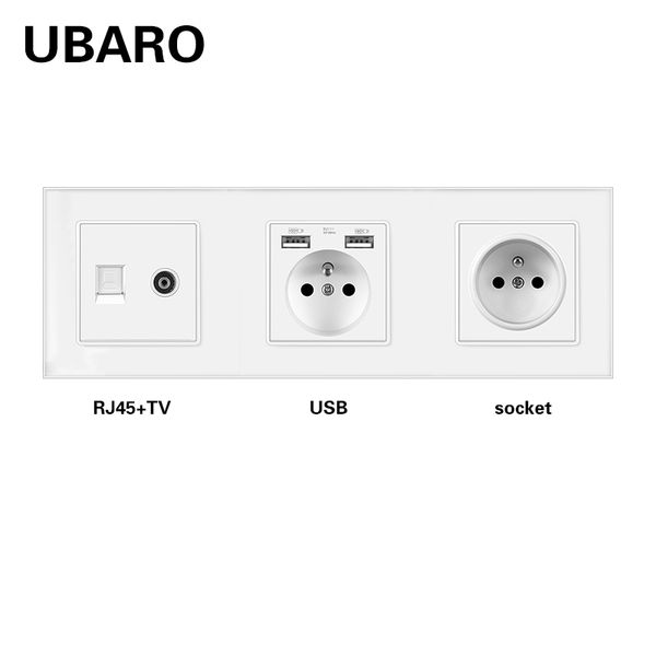 UBARO 258*86 mm FR Sucket de pared de panel de vidrio estándar y RJ45 RJ11 Terminales de señal de TV enchufe AC110-250V 16A