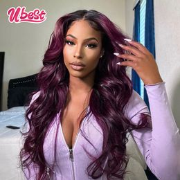 Ubest Hd Body Wave Lace Lace Front Wig Grape Purple / 1B 13x4 Human Hair Transparent Lace Frontal Wigs Brésilien pour femme Fermeure Wig