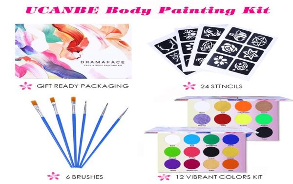 UCANBE FACE NEON FACE BOTY PEINTURE TATOUT Kit avec 24 pochoirs et 6 pinceaux Festival Halloween Festival Makeup Fancy Dress Paint Art2858696