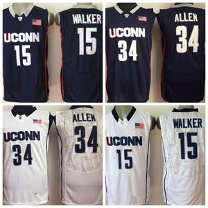 Vintage Uconn Huskies 15 Kemba Walker 34 Ray Allen College Basketball Maillots Bleu Blanc Mens Chemises Cousues