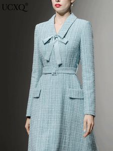 UCXQ Elegant Lapel Bow Belt Belt Designer Tweed Blazer Vestidos para mujeres Temperamento Vestido de noche Otoño 23a4630 240407