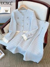 UCXQ femmes élégantes Tweed 2 pièces ensembles à manches longues à volants épissé veste taille haute mode jupe automne hiver 23A5116 240305
