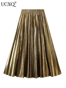 UCXQ Solid Color High Taille Metallic Shiny Silk Organ Rok Gold Sliver geplooide halve rokken voor vrouwen 2024 Spring herfst 23A7002 240402