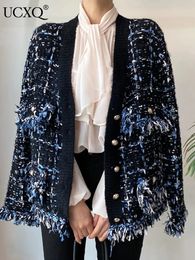UCXQ Vintage glands bavures Patchwork contraste couleur col en v simple boutonnage Tweed veste automne décontracté manteau ample 23A2383 240124
