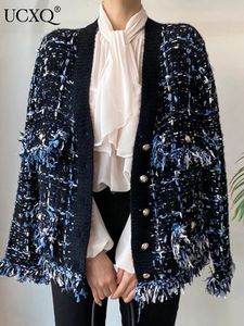 UCXQ Vintage kwastjes bramen patchwork contrasterende kleur V-hals tweed jasje met enkele rij knopen herfst casual losse jas 23A2383 231225