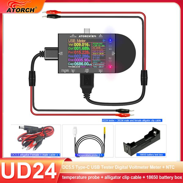 UD24 DC5.5 Tydron USB TYPET METTMETER DIGITAL + sonde de température NTC + Câble de clip d'alligator + Boîte de batterie 18650