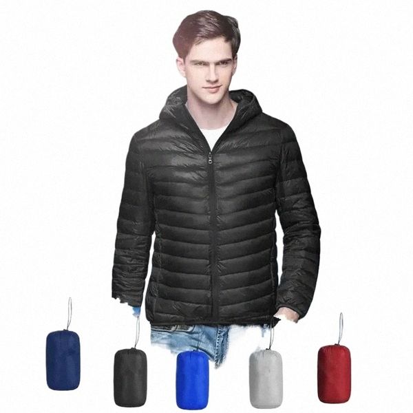 Ueteey otoño invierno abajo chaqueta hombres ultra ligero a prueba de viento impermeable antiincrustante anti-aceite pato blanco abrigo con capucha portátil masculino v0lj #