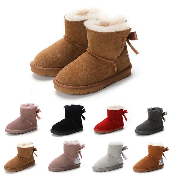 UG G Bota cálida para niños Niños Clásico Mini Bailey Bow II Medias botas de nieve Invierno Piel completa Mullido peludo Satén Tobillo Preescolar Enfant Niño niño Niña pequeña Tod botines