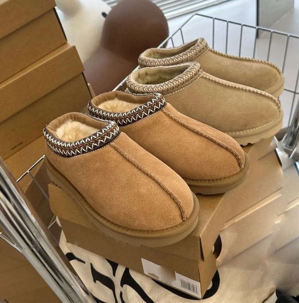 UGGsity Châtaigne Chaussures d'hiver à enfiler Laine Tasman Cheville Courte Fourrure Moelleuse Demi Botte de Neige Tazz Bottes d'extérieur Mules Peau de Mouton Classique Luxueux Shearling