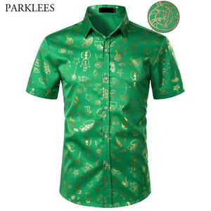 Ugly Mens Christmas Shirt Shiny Gold Xmas Print Mens Jurk Shirts Short Mouw Navidad Festival Party Holiday Chemise Green 210522