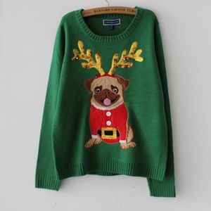 Lelijke trui kerst trui vrouwen groen pug hond borduurwerk pailletten lange mouw trui gebreide jumper tops M99591 210218