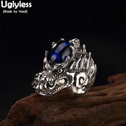 Uglyless Real S 925 Sterling Zilver Natuurlijke Blauwe Chalcedoon Mannen Ringen Handgemaakte Gegraveerde Draak Vinger Ring Oude Totem Sieraden 240125