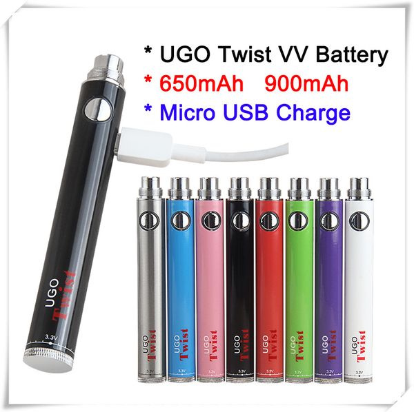 UGO Twist Vaporizador Vairiable Voltaje eCig Vapor Pen Batería 650 900 mAh 510 Hilo Evod Twist Vision Spinner Vape eGo Cargador Micro USB