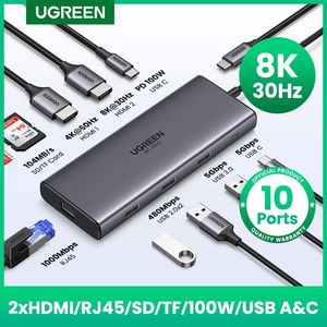 UGREEN Dual USB HUB 8K Adapter 10 in 1 Splitter met RJ45 USB 3.0 PD 100W Dock voor MacBook Pro Air M2 M1 USB C HUB 240126