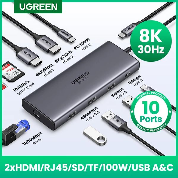 Adaptateur UGreen Dual USB Hub 8K Adaptateur 10 en 1 séparateur avec RJ45 USB 3.0 PD 100W Dock pour MacBook Pro Air M2 M1 USB C HUB 240126