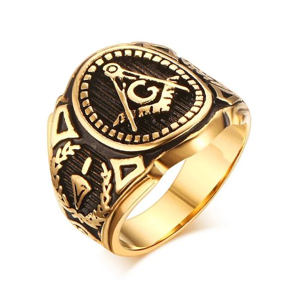 Ujbox Master Masonic Anneaux pour hommes en acier inoxydable A Symbole G Ring Freemason Fashion Bijoux masculin Gift R380 240508