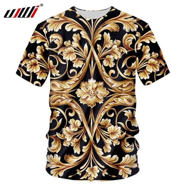 UJWI marca hombres flor dorada camiseta verano 3D estampado azul camiseta Homme manga corta lujo real barroco ropa Tops 210706