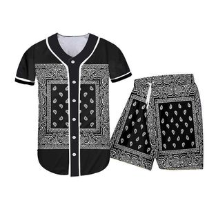 UJWI HipHop Femmes / Hommes Baseball Chemise Paisley Graphique 3D Pantalon Court Gilet Deux Pièces Ensemble Unisexe Nouveau Style Sweatsuit Manches Longues Y0831