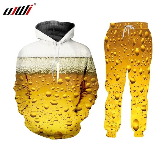 UJWI Frauen/Männer Gelb Jogger Hosen Sweatshirt Bar Bier Schaum Trainingsanzug Jogginghose Hoody Kreative Streewear Zwei Stück Set 201118