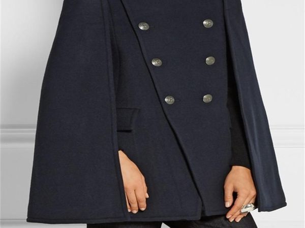 Reino Unido Otoño Invierno más nuevo diseñador de pasarela mujer Poncho de lana de gran tamaño capa azul marino capa femenina manteau femme abrigos mujer 2012113811782
