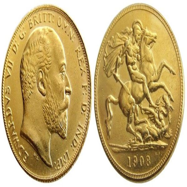 Pièce de monnaie britannique Rare du royaume-uni, 1908, roi Édouard VII, 1 souverain mat, plaqué or 24 carats, 259a