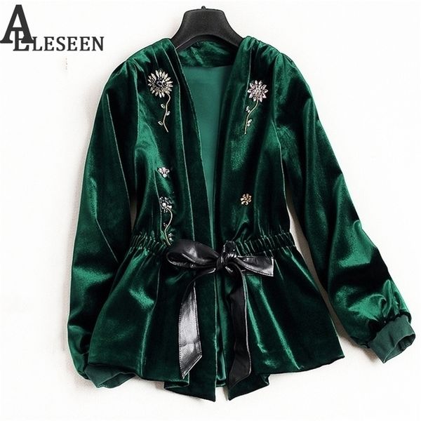 Reino Unido invierno nuevo estilo rebordear chaquetas de punto de lujo de manga larga verde/negro flor de primavera chaqueta con cuentas de terciopelo mujeres 201112