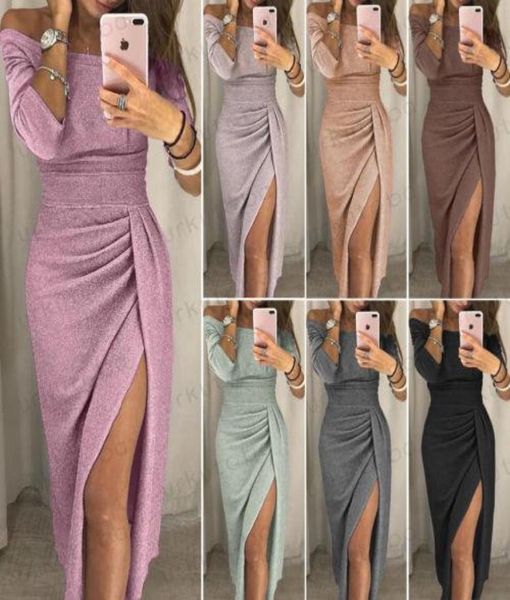 UK Womens Cocktail Party Long Sleeve BodyCon Clubwear Long Split Robe Taille Sexy Night Club Fashionable Set Collar Round Win6524756