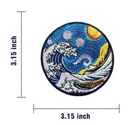 Badge d'autocollant magique de broderie Ukiyoe Kanagawa Oonami Badge brodé Sac Autocollant Sea Waves Starry Skies Brand