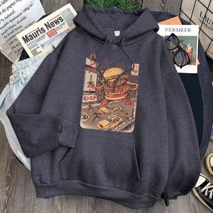 Ukiyoe Hamburger Print Man Sweatshirt Losse Casual Fleece Hooded Streetwear Mannelijke Fashion Cartoons Hoody Punk Hip Hop Sweatshirts H1227