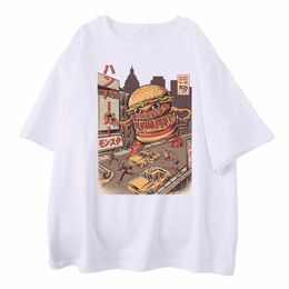 Ukiyoe Japan Style Burgezilla Men Cott Camisetas Harajuku Tops Casual Tops de gran tamaño