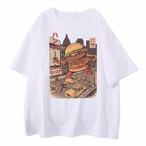 Ukiyoe Japon Style Burgerzilla Hommes Cott T-shirts Japonais Harajuku Casual Tops Oversize Tout-mathématiques Vêtements Mans Manches courtes Z0xV #