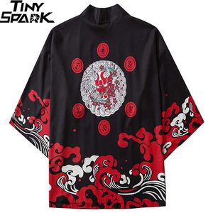 Ukiyoe Japonais Kimono Veste Fantôme Harajuku Hip Hop Hommes Japon Streetwear D'été Mince Vêtements Lâche Noir 211217