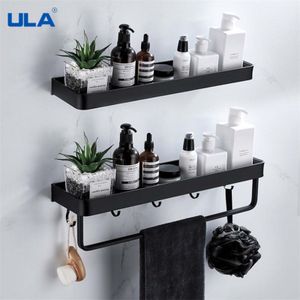 ULA Noir Étagère De Salle De Bains 304050cm Étagère Murale De Cuisine En Métal Support De Douche Étagère De Rangement Porte-Serviettes Robe Crochets Accessoires De Bain 220527