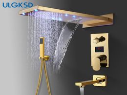 Ulgksd Salle de bain robinet de douche LED en laiton doré cascade de pluie de piste de douche de pluie et mélangeur d'eau froide Tap9991404