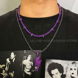 ULJ Hip Hop éclairage pendentif violet foncé glacé CZ chaîne de Tennis collier noir panthère Rock Rivet hommes bijoux