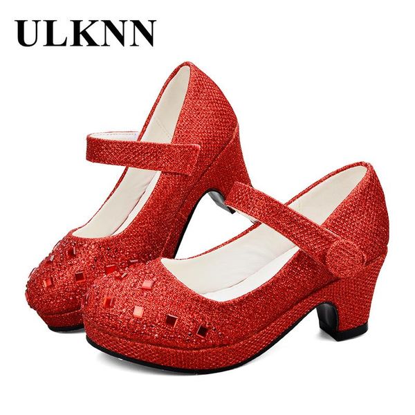 Zapatos de tacón alto para niñas ULKNN, zapatos de princesa para niñas, zapatos de cuero con lentejuelas de primavera para niñas, zapatos de fiesta para niños, bodas, cristales brillantes