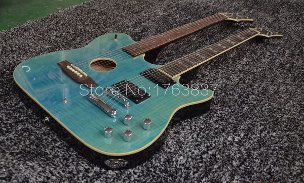 Ultimate Custom 1958 Slash Signed Crossroads Doble cuello Green Flame Maple Top Guitarra eléctrica Guitarra acústica Dark Black Back