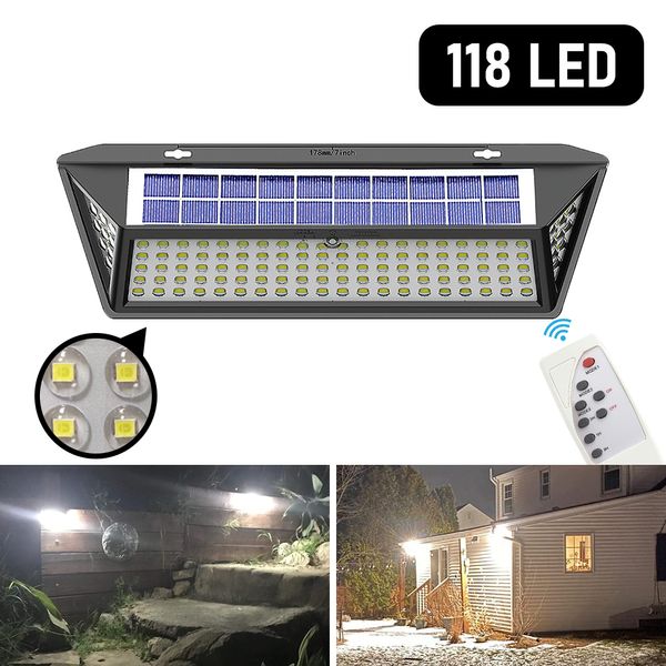 Ultra Bright 118 LED LECH Solar Outdoor 3 Modo de luz Sensor de movimiento IP65 Balcón exterior impermeable Patio de pared solar