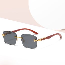 Gafas de sol de madera con borde cortado sin marco ultraclaras, gafas con borde cortado con diamante en forma de océano