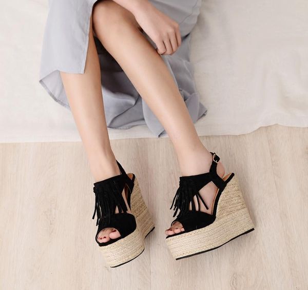 Sandales compensées à talons Ultra hauts, plateforme imperméable, Muffin à fond épais, pompon romain, chaussures de petite taille pour femmes 32
