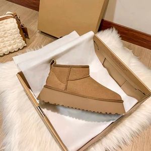 Ultra Mini Boot Platform Enkel Bont Laarzen Designer Vrouw Fluffy Mule Winter Warm Booties Huis Schoen Kastanje