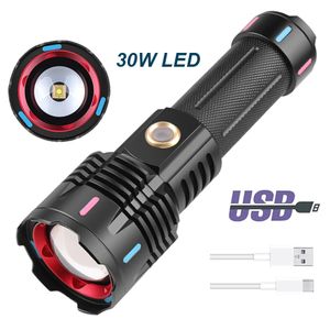 Ultra krachtige LED -fakkel zaklamp 30 Watt tactische fakkeltype C oplaadbare flitslicht camping lantaarn waterdichte handlamp